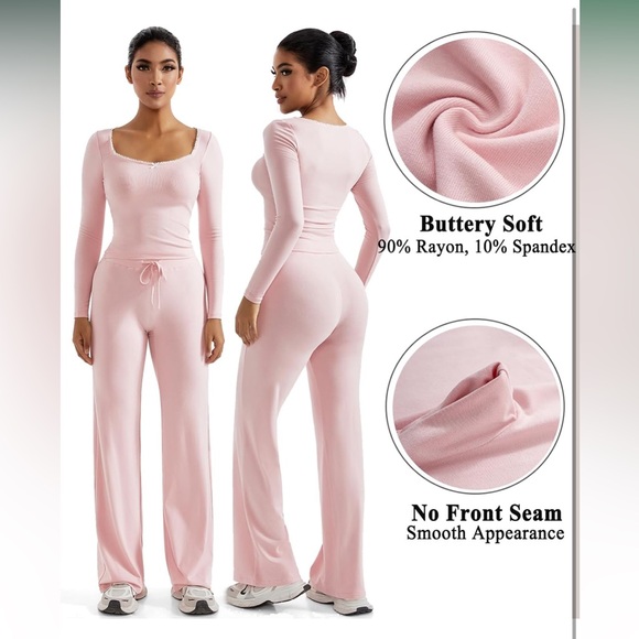 Pink Women’s Lounge Set Lace Square Neck Long Sleeve Top & Wide Leg Pant - Picture 2 of 15